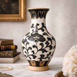 Studio Pottery Sgraffito Vase | Pearly Ivory & Charcoal | 10”